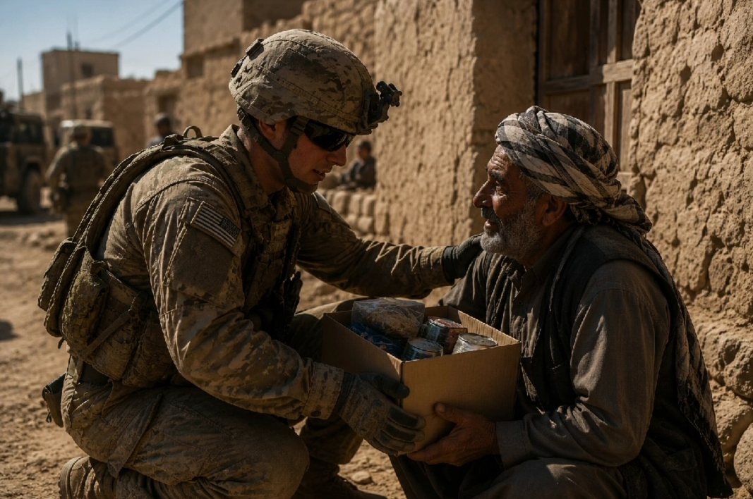 A soldier sharing supplies with a local man