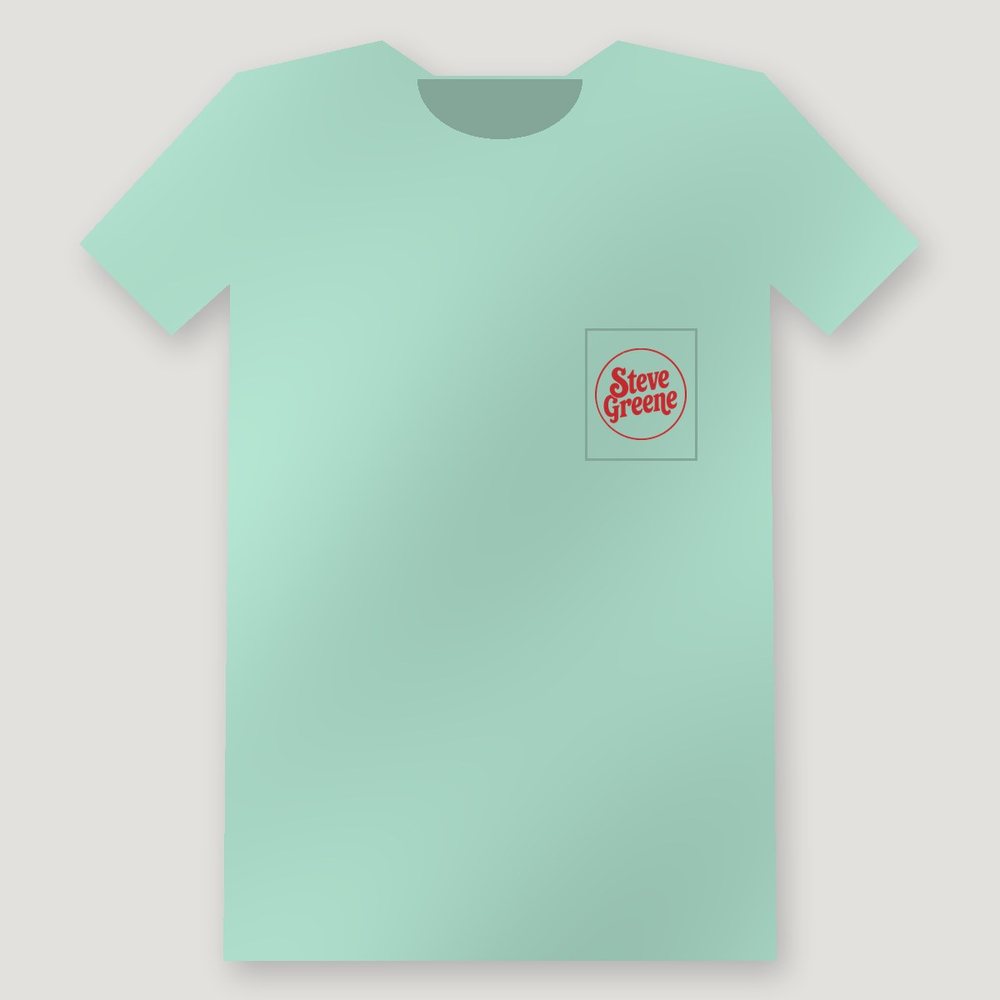 Dishwasher Tee, front: red Steve Greene badge on the pocket