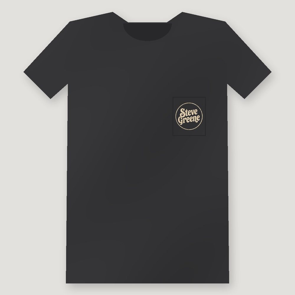 Finally Tour Tee, front: cream Steve Greene badge on the pocket