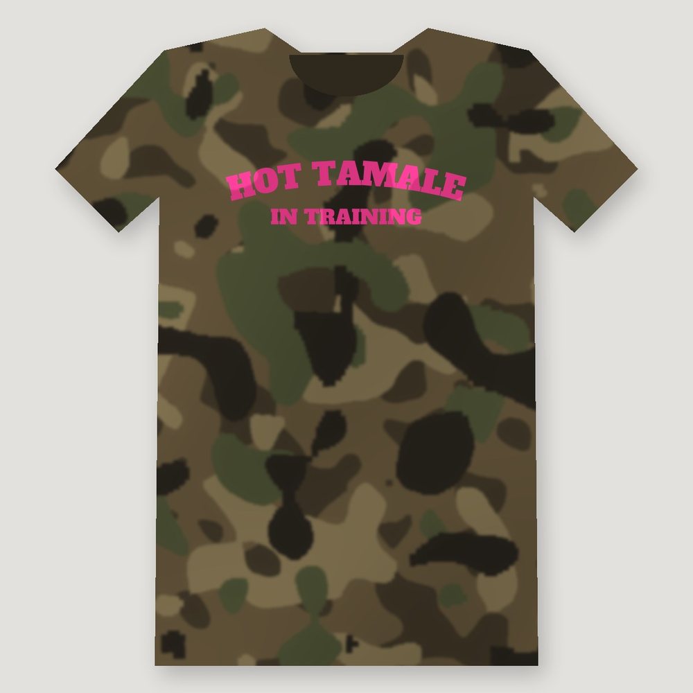Hot Tamale in Training Tee, front: hot pink lettering on camo