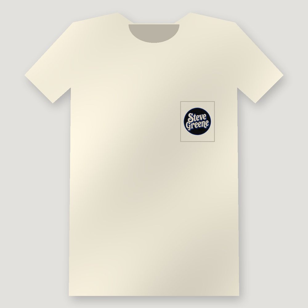 Polaroid Wall Tee, front: blue Steve Greene badge on the pocket