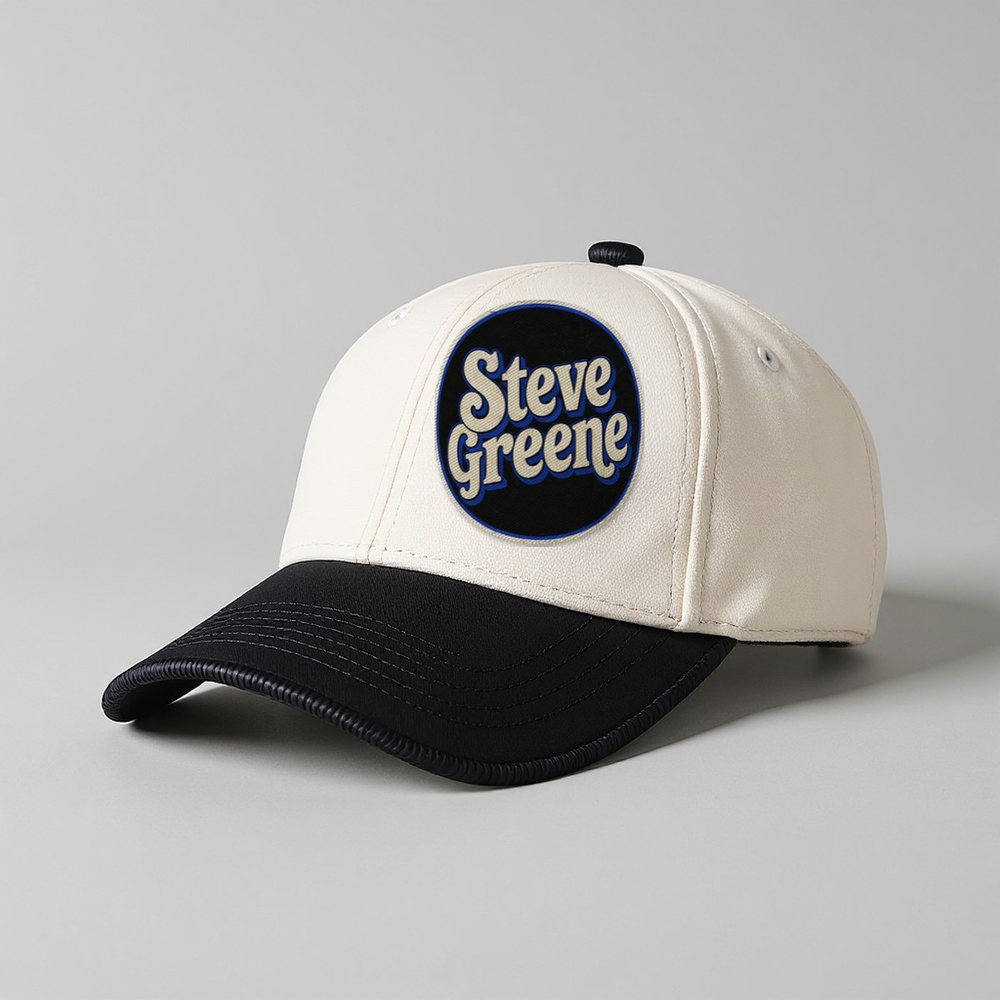 Steve Greene Rope Cap: embroidered badge on a cream cap with a black brim and rope
